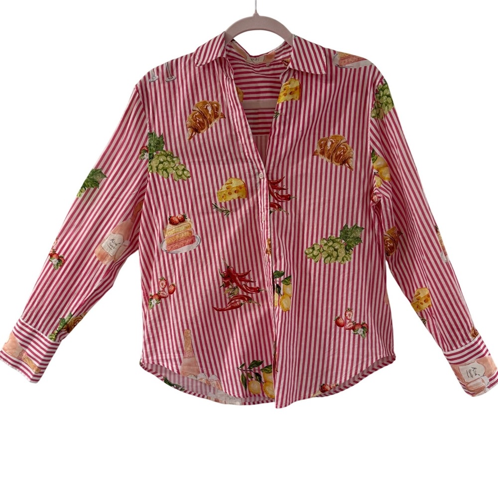Food Print Pink Stripe Button Up Coastal Grandma Picnic Italian M 100% Cotton